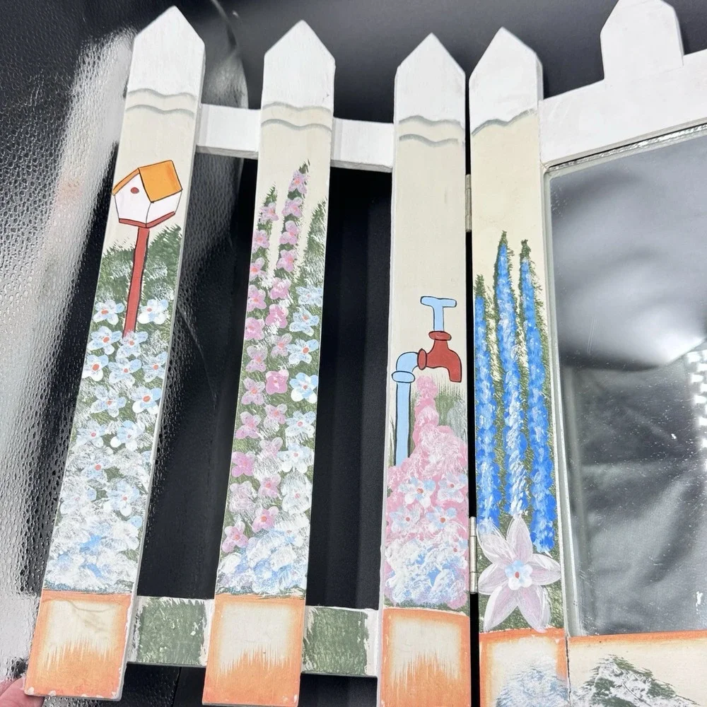 VTG Cottagecore Tri-Fold Mirror‎ Shelf W/pegs Decorative Wood Wall Hanging Shelf